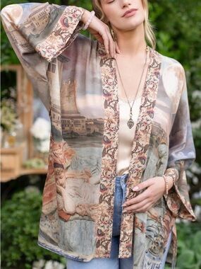 Market of Stars Imaginarium Bohemian Printed Kimono Jacket in Muted Earth Tones